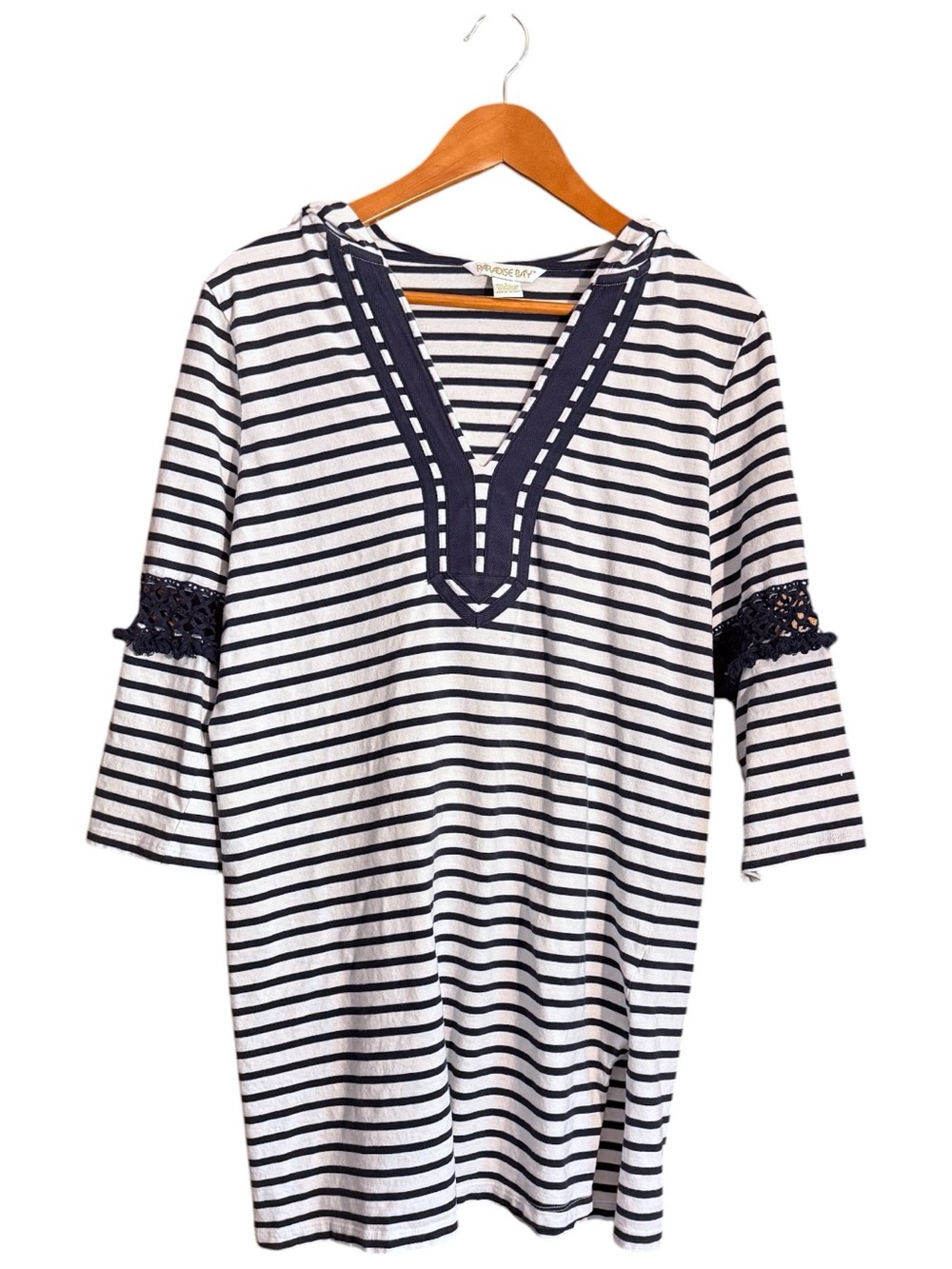 Paradise Bay Striped V-Neck Swim Coverup Tunic in White & Navy Size L